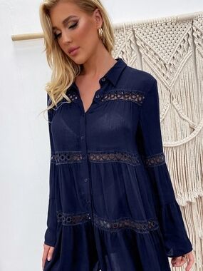 Navy Lace-Trim Mini Dress - Women